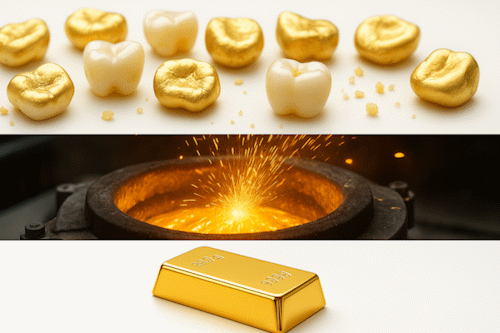 Collection of dental scrap materials including gold crowns, silver fillings, and precious metal dental work ready for refining